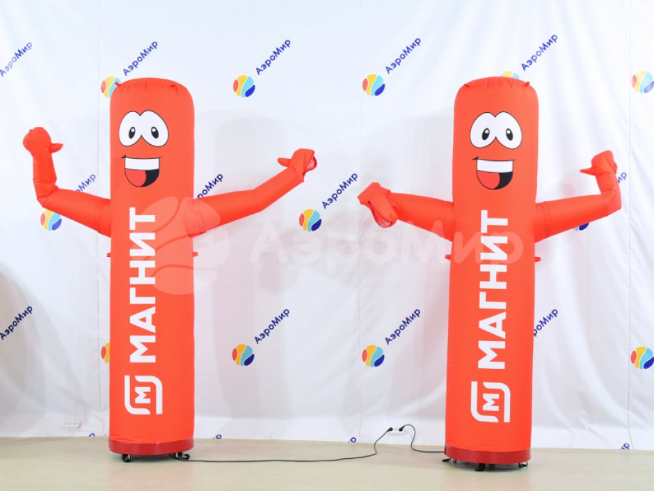 Аэромен машет рукой простой цилиндрической формы с логотипом в фирменном стиле