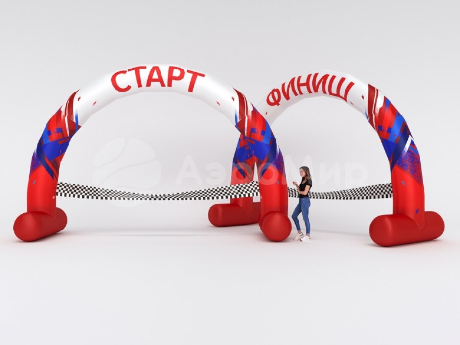 Круглая надувная арка на опорах с финишной лентой
