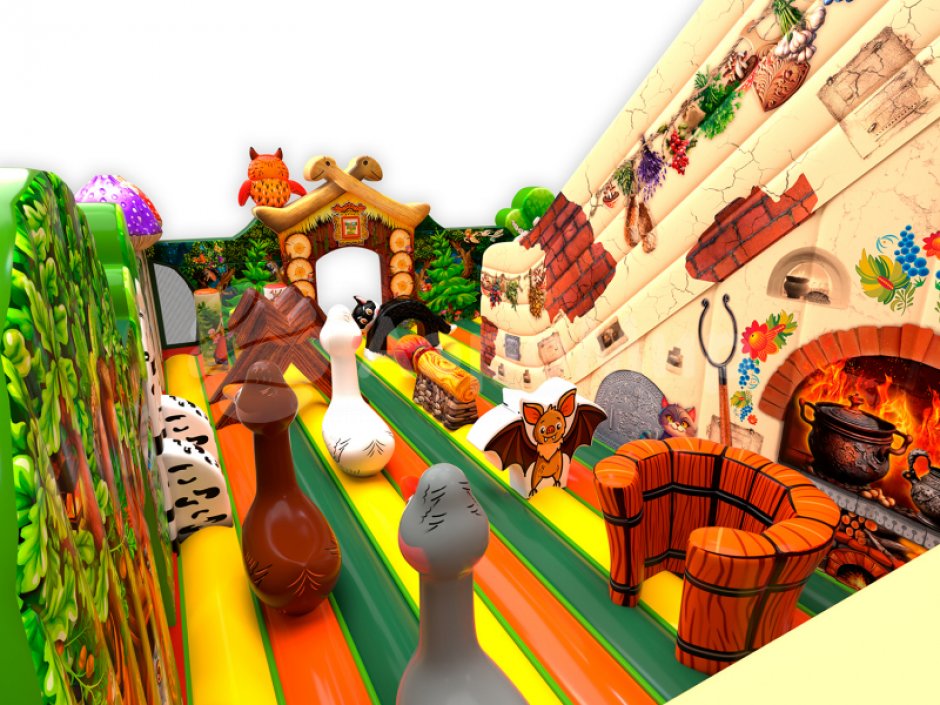 Надувной батут Изба Бабы Яги — большой батут с горкой общей площадью 99 м²