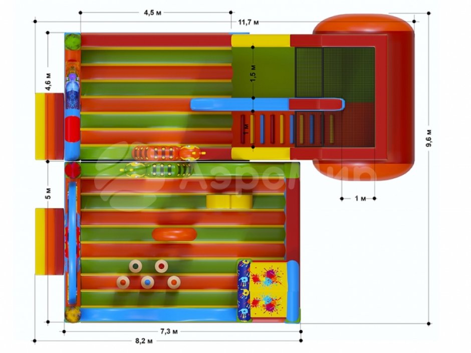 Батутный комплекс Краски — надувной аттракцион из двух модулей с большой горкой площадью ~ 86,5 м²
