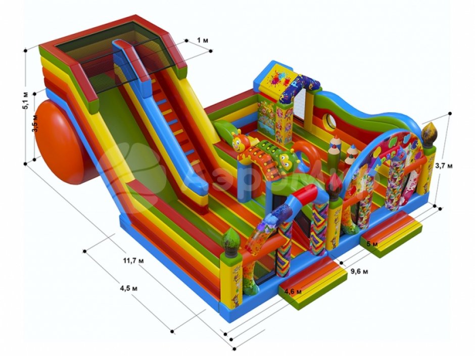 Батутный комплекс Краски — надувной аттракцион из двух модулей с большой горкой площадью ~ 86,5 м²