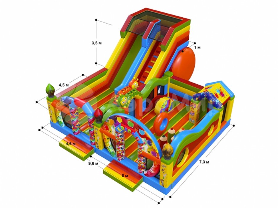 Батутный комплекс Краски — надувной аттракцион из двух модулей с большой горкой площадью ~ 86,5 м²