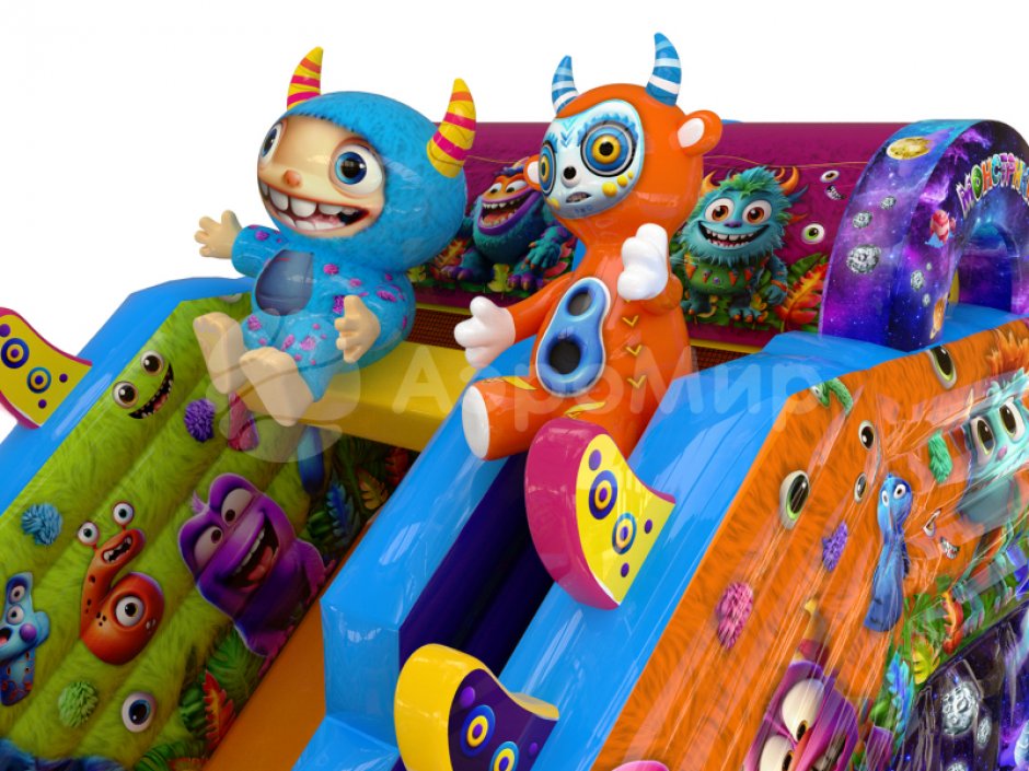 Большой надувной батут горка Монстрики — батут для бизнеса с горкой ↑3,5 м. на 39 м²