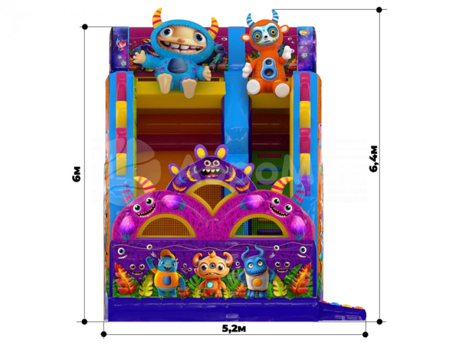 Большой надувной батут горка Монстрики — батут для бизнеса с горкой ↑3,5 м. на 39 м²