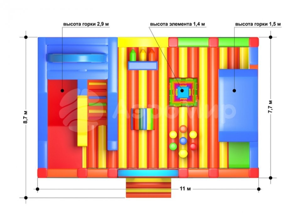 Надувной батут Радуга — большой батут с горкой общей площадью 85 м²