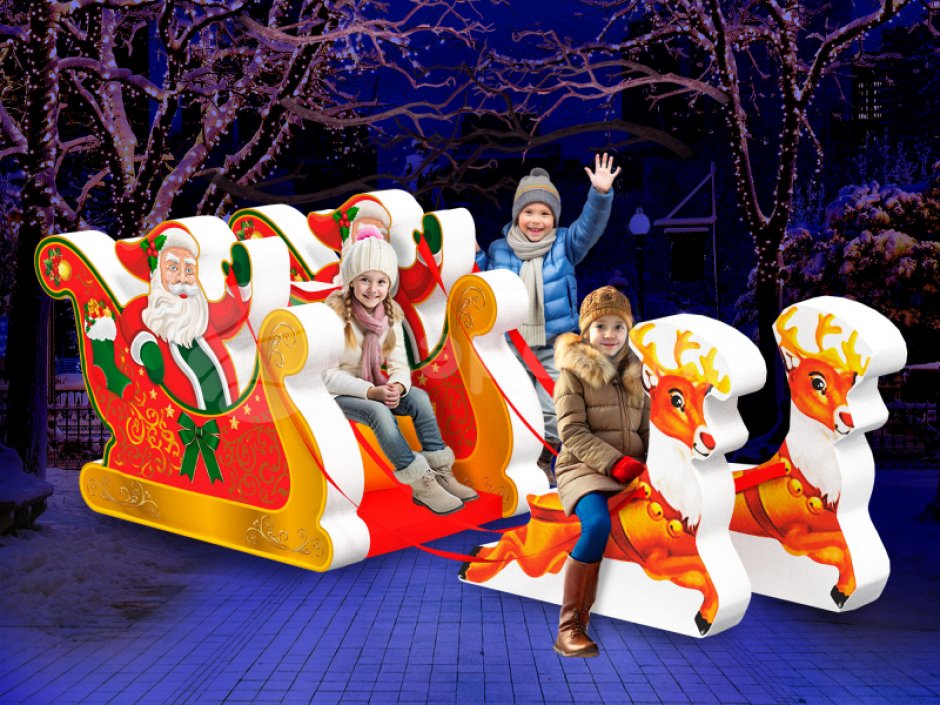 Новогодняя фотозона детская из мягких модулей Дед Мороз в санях