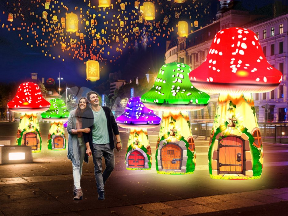 Надувные сказочные грибы — парковые фигуры с подсветкой