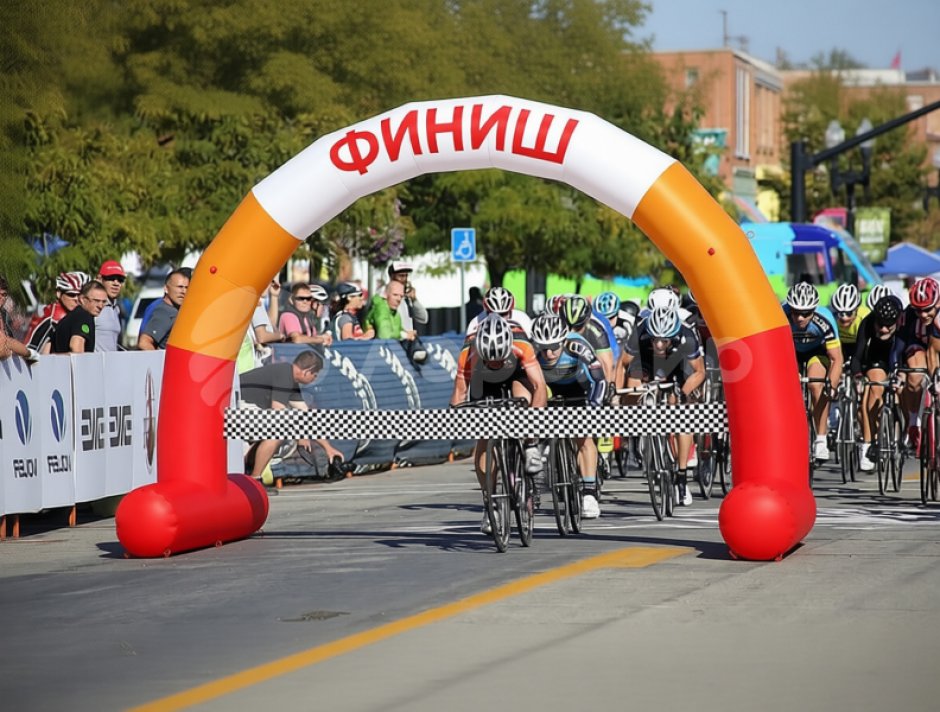 Круглая надувная арка на опорах с финишной лентой