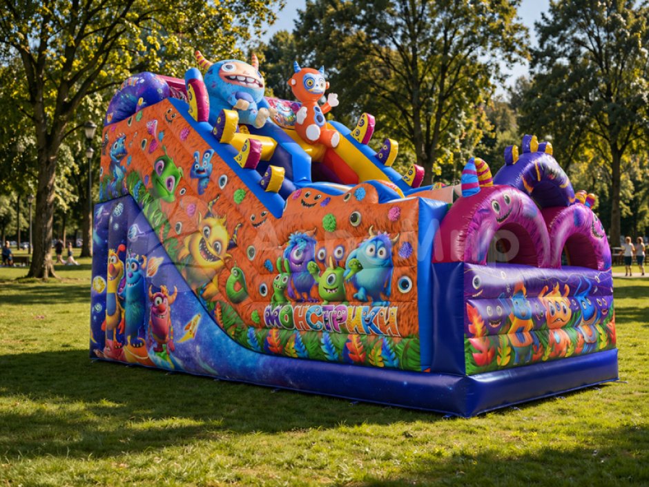 Большой надувной батут горка Монстрики — батут для бизнеса с горкой ↑3,5 м. на 39 м²