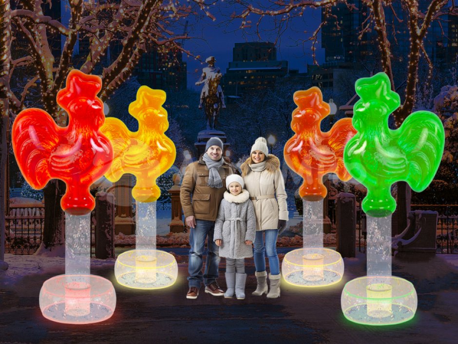 Петушок-леденец — надувная фигура, создающая яркий акцент и атмосферу праздника