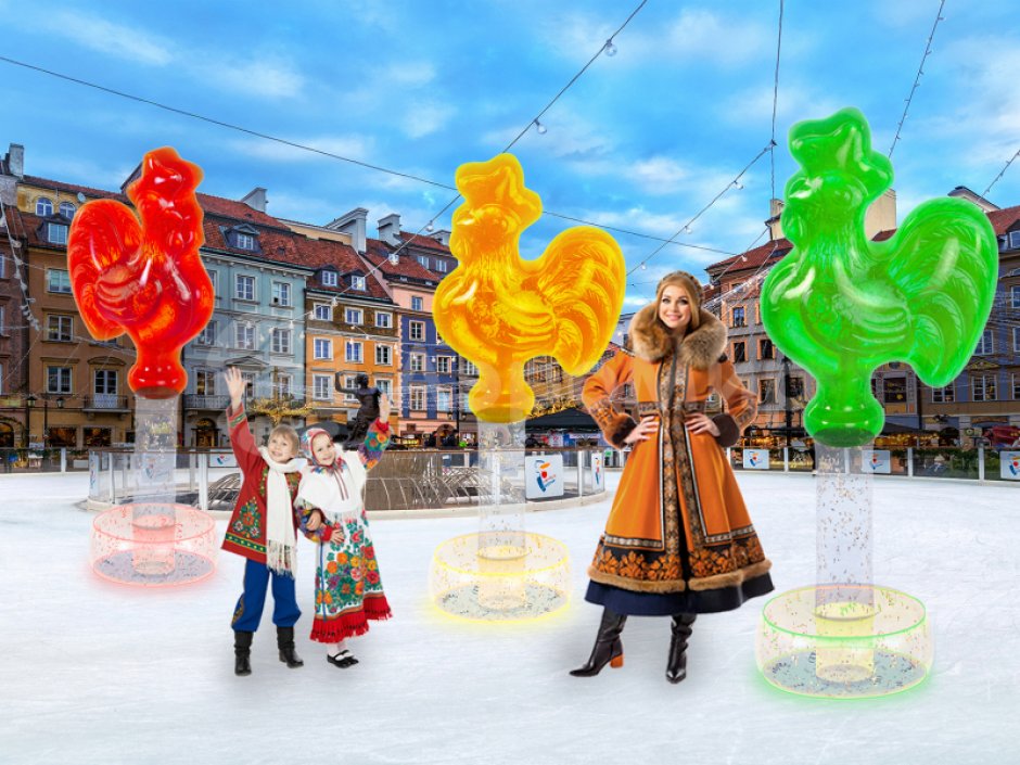 Петушок-леденец — надувная фигура, создающая яркий акцент и атмосферу праздника