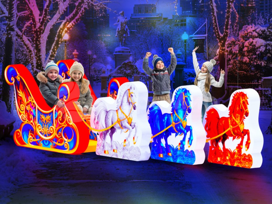 Фотозона «Сани с лошадками» — яркая композиция из саней и тройки