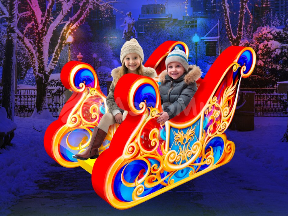 Фотозона «Сани с лошадками» — яркая композиция из саней и тройки