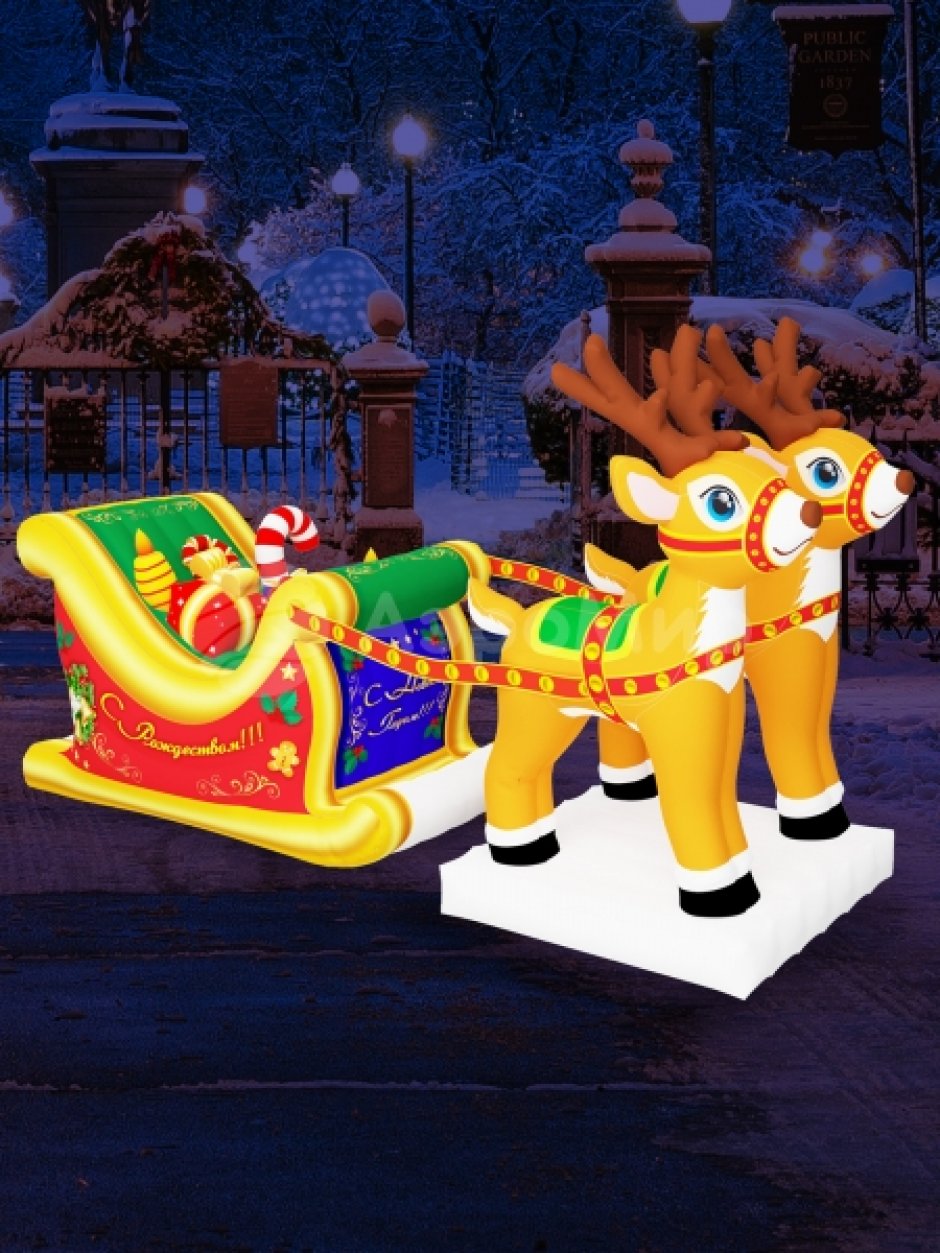 Надувные сани с оленями — праздничная фотозоны и декор