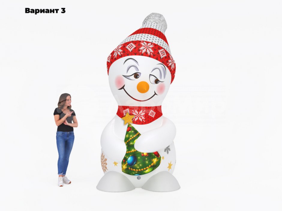 Надувной Снеговик с ёлкой — большая уличная фигура с подсветкой