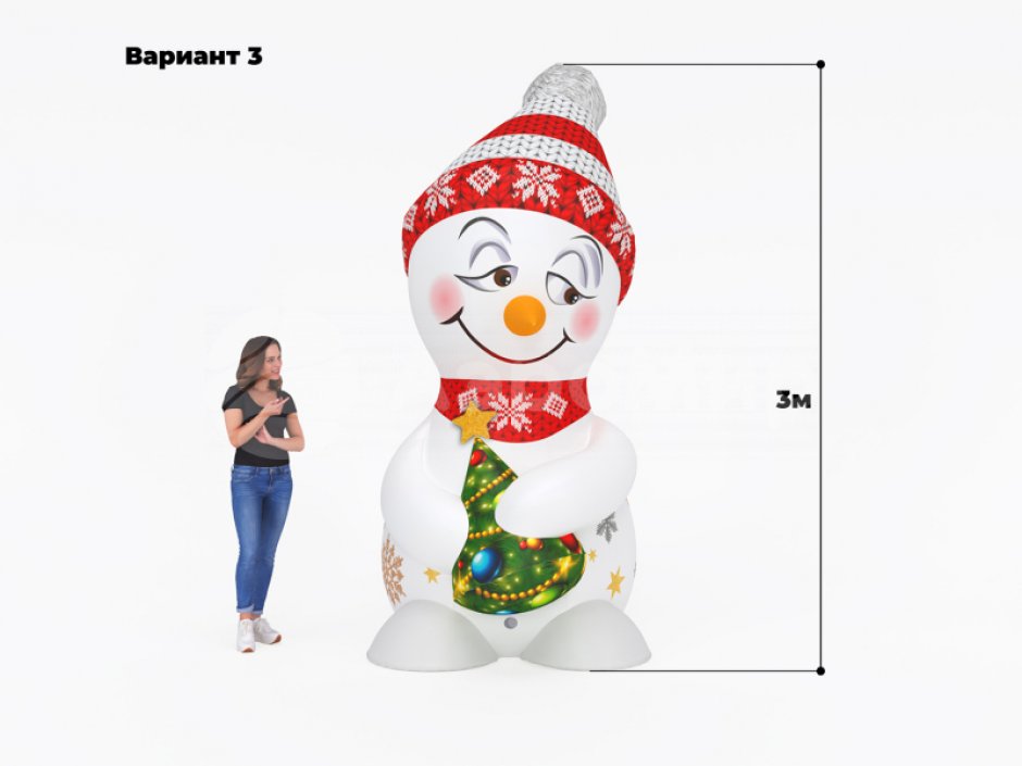 Надувной Снеговик с ёлкой — большая уличная фигура с подсветкой