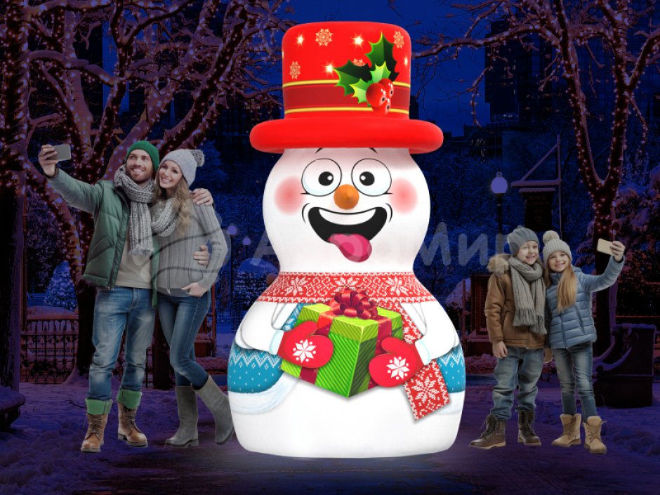 Надувной Снеговик в шляпе — новогодняя фигура для улицы с подсветкой