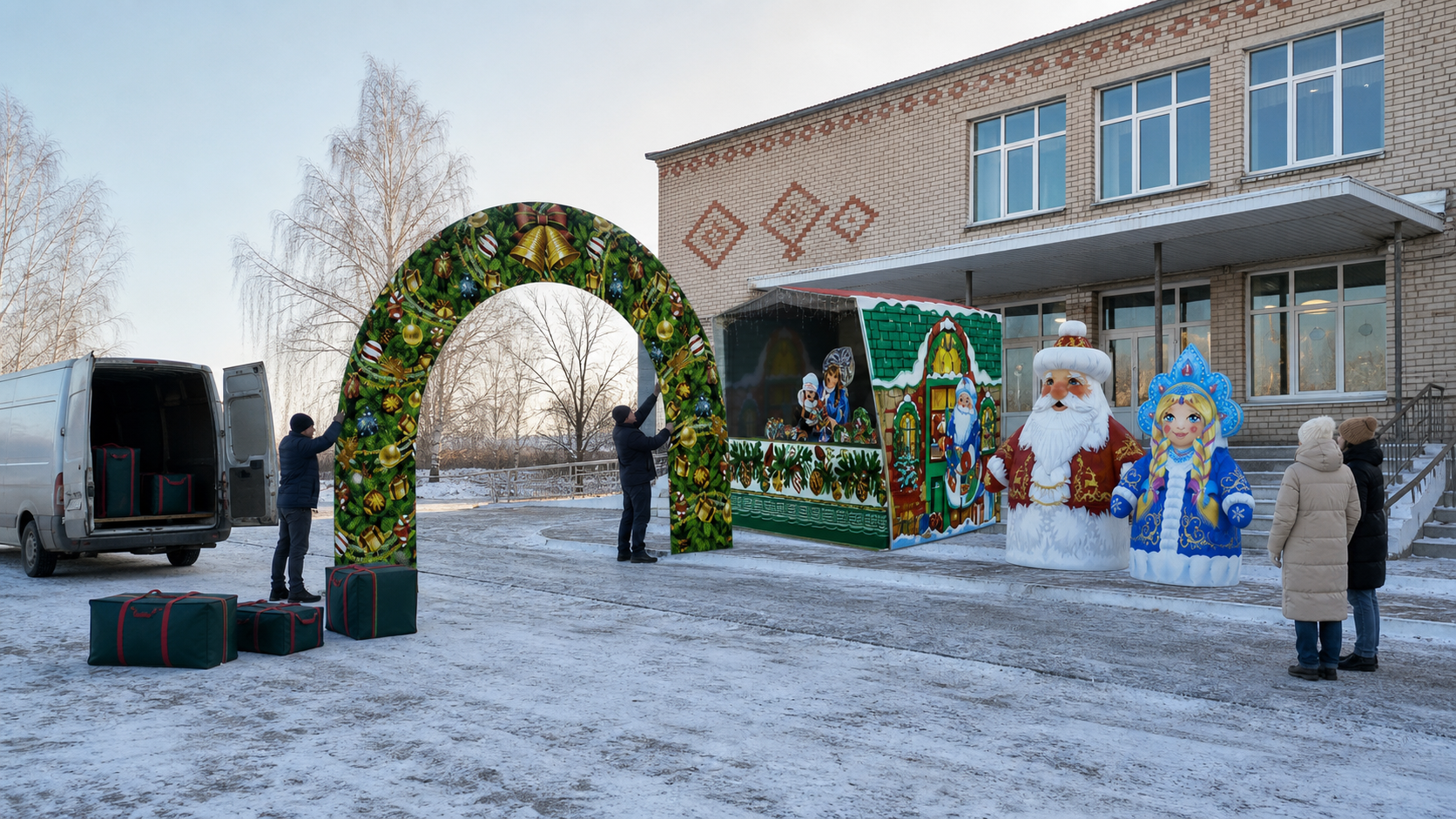 Монтаж мобильного новогоднего комплекта у сельского клуба с фургоном и транспортными сумками