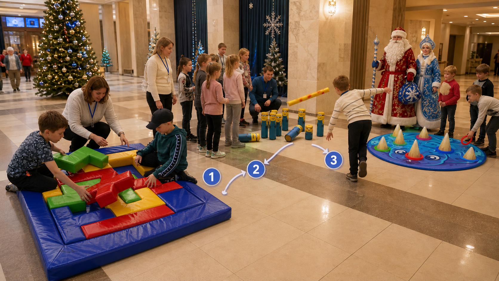 Новогодний квест с последовательными станциями и финалом у Деда Мороза и Снегурочки