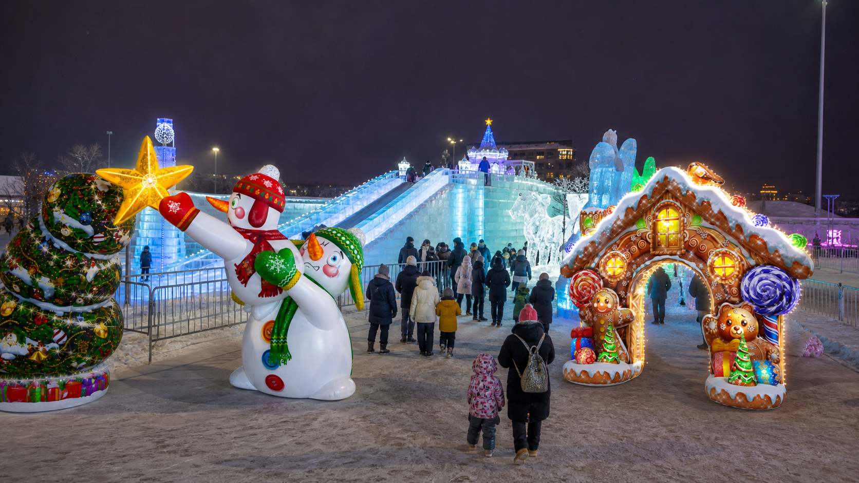 Оформление ледового городка новогодними фигурами и декорациями