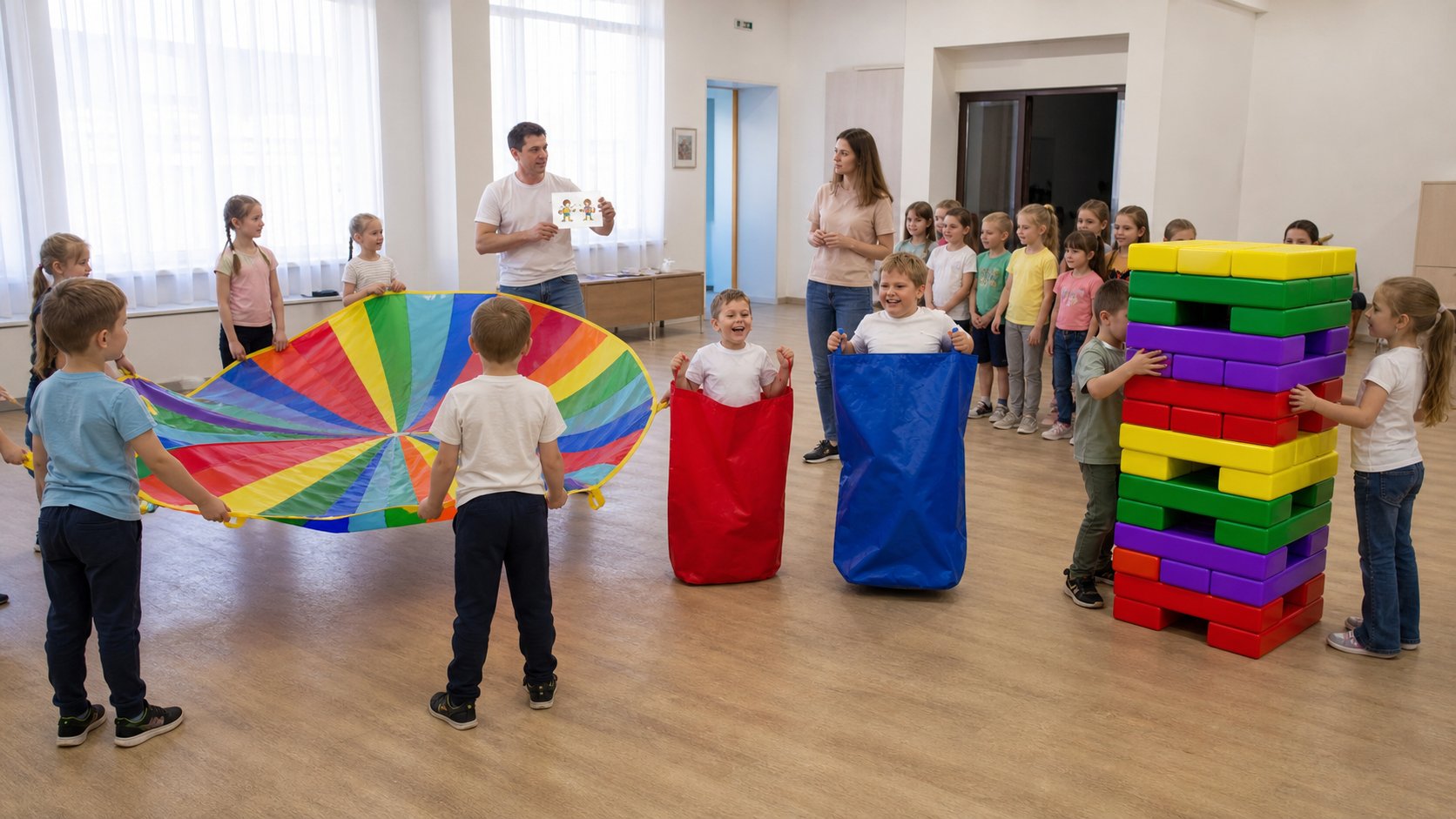 Праздник без аниматора с парашютом, мешками и Мега Дженгой