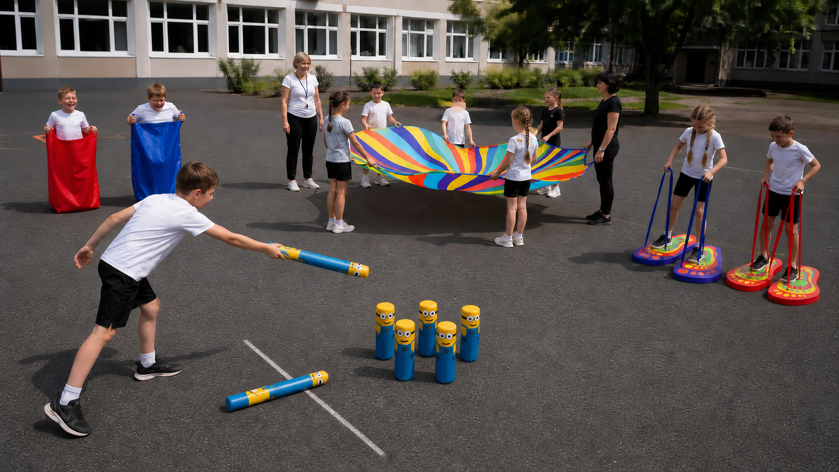 Игры без долгой подготовки с бегом в мешках, игровым парашютом, мягкими городками и мегаступами