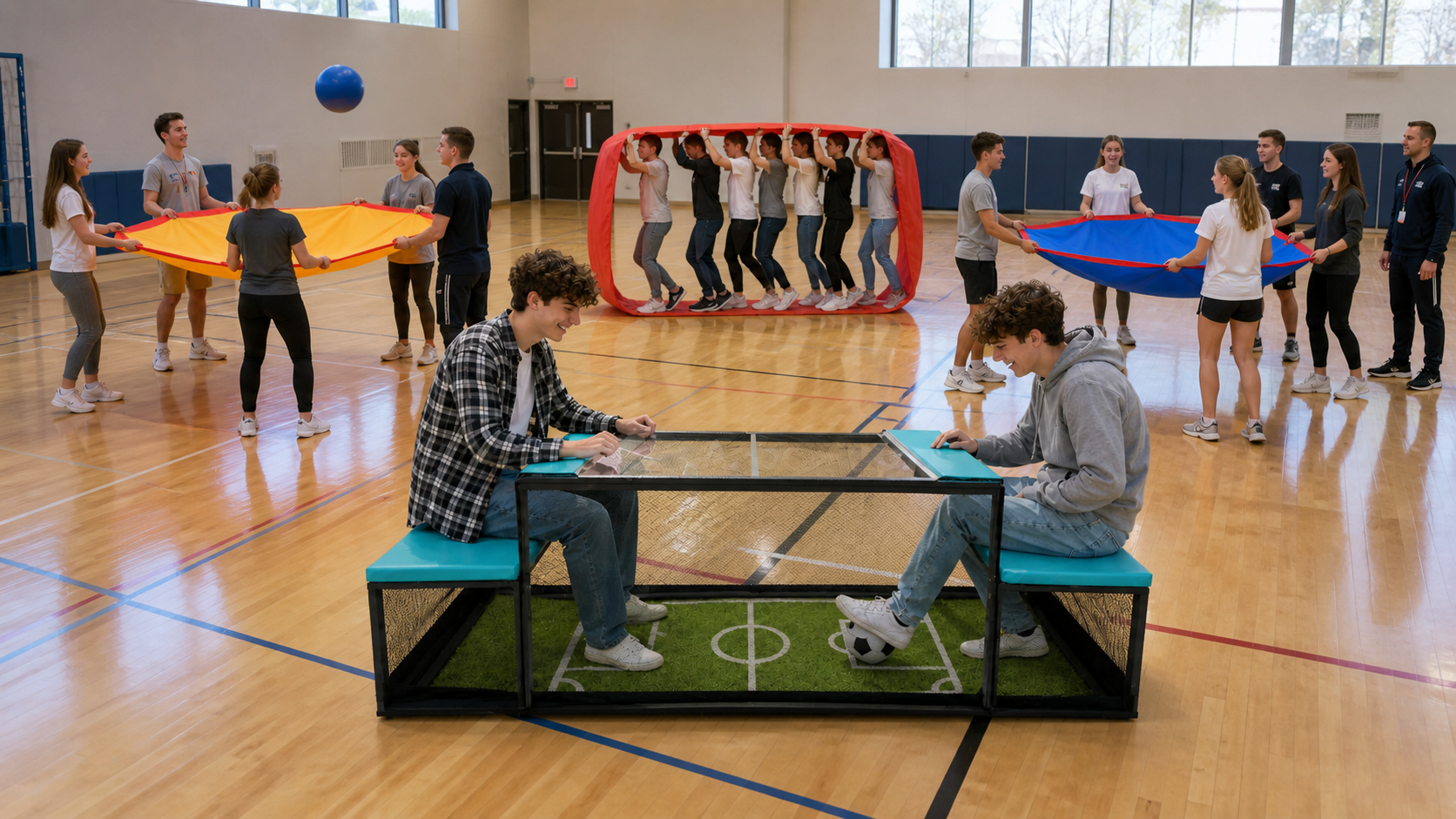 Игры в спортивном зале с Subsoccer, командным волейболом и Гусеницей