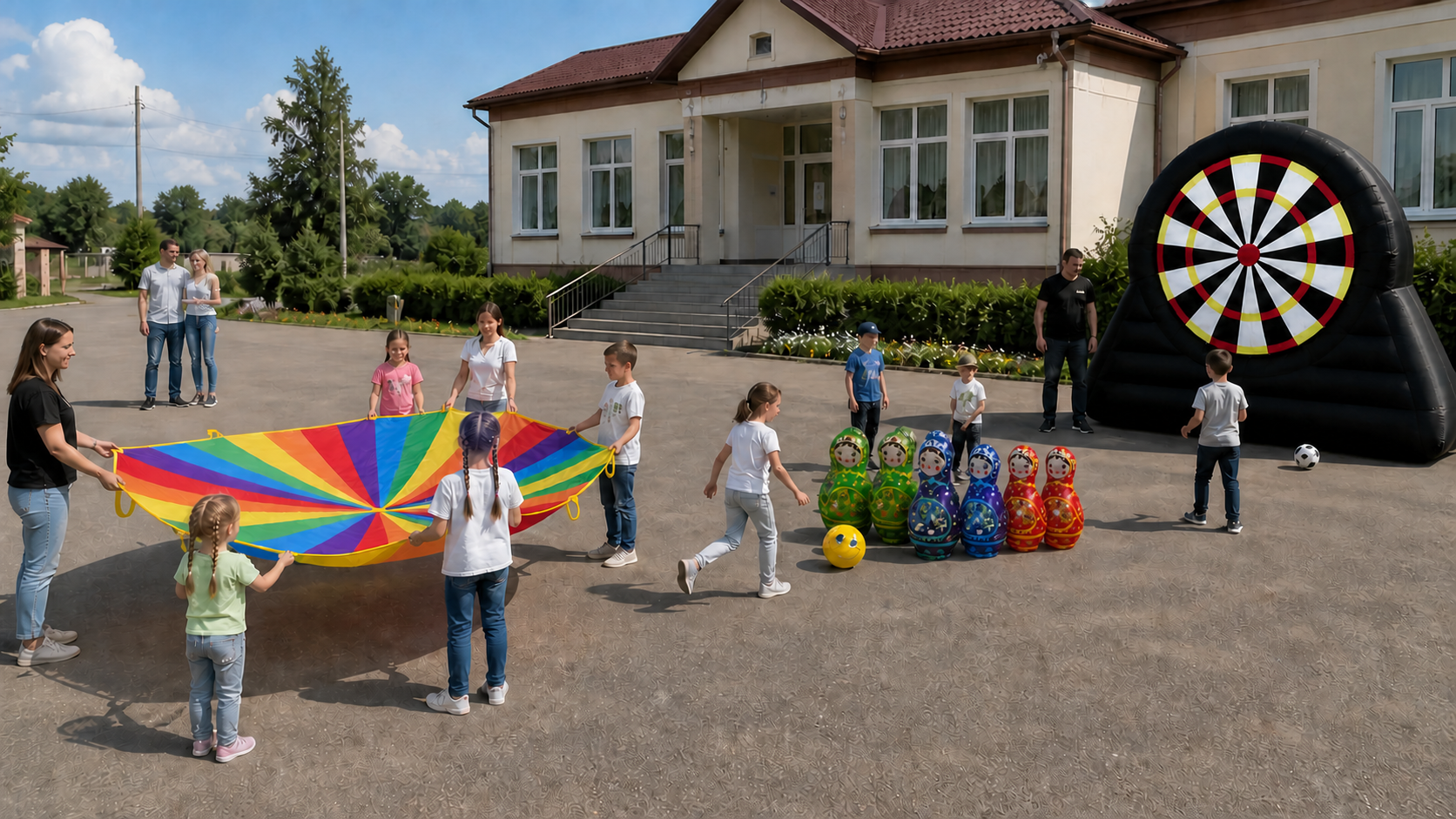 Сельский клуб с игровым парашютом, мягкими кеглями и футбольным дартсом