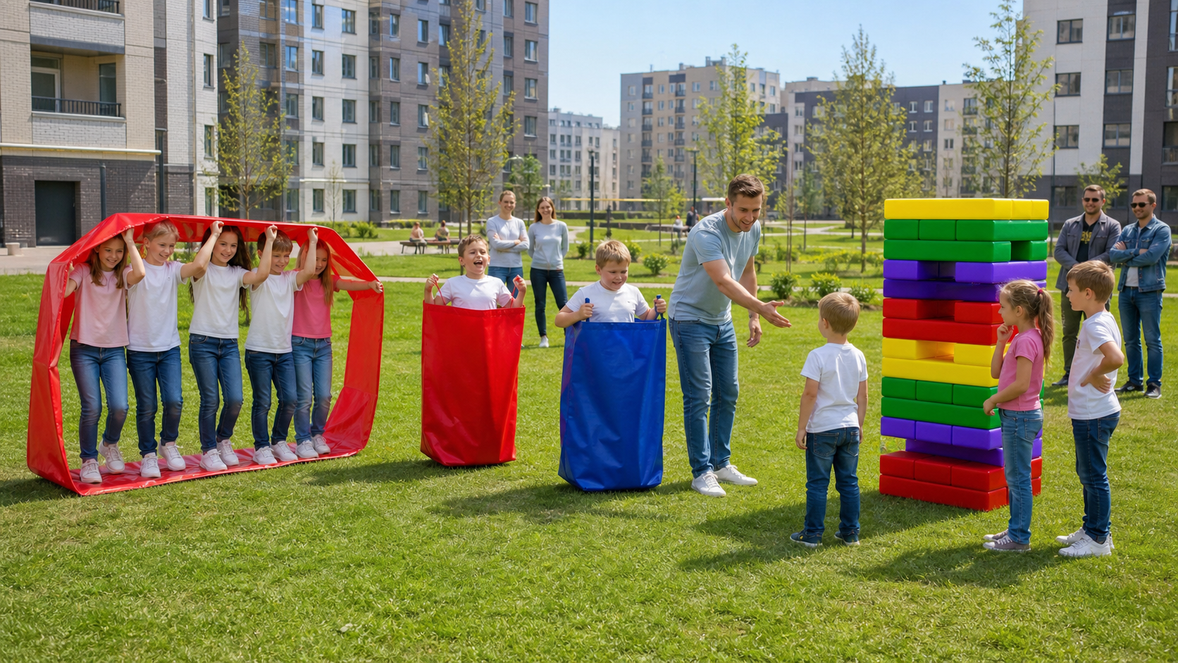 Дворовой детский праздник с Гусеницей, мешками и Мега Дженгой
